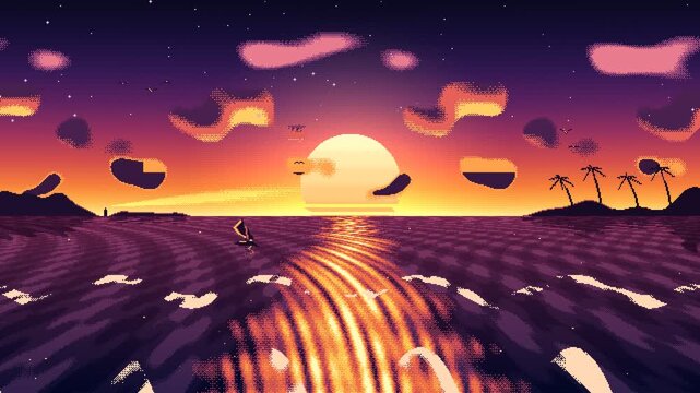 pixel art ocean sunset loop with shimmering waves and glowing sun 4k animation