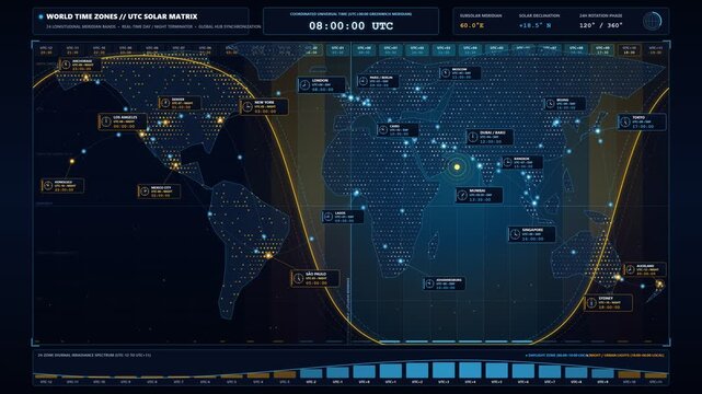 Global World Time Zones Map 24 Hour UTC Day and Night Solar Cycle with Live City Clocks Loop