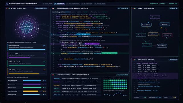 Autonomous AI Agent Writing And Compiling Source Code In Futuristic Neural IDE Workspace