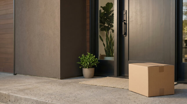 Cardboard parcel package delivered to the front door of a modern residential home, e-commerce shipping box on the porch step by a black entrance