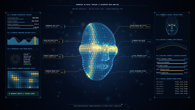 3D biometric face recognition polygonal mesh scanning and facial landmark identification loop