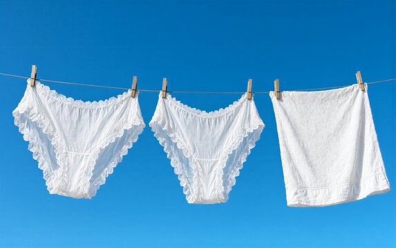 White lace underwear hangs drying on a line against clear blue sky.