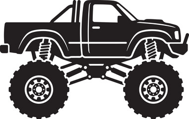 A side view graphic illustration of a heavy-duty monster truck featuring oversized tires and a lifted suspension system, isolated on white background. © Kashan