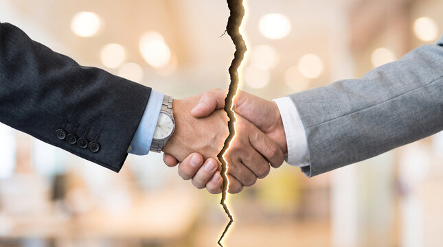 Two businessmen shaking hands tightly while a glowing dark crack splits the corporate agreement down the center