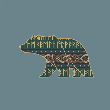 A powerful bear, adorned with ancient Nordic runic symbols and intricate Viking knotwork patterns, stands proudly in a stylized, historic design.