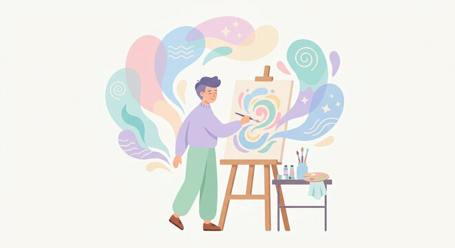 Creative male artist painting abstract colorful artwork on easel vector illustration isolated on white