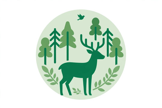 Deer in pine forest circular emblem vector illustration for nature conservation badge