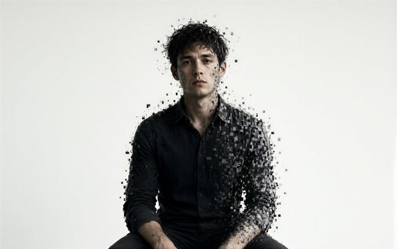 Man in black shirt disintegrates into digital pixels against a stark white background.