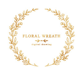 Elegant golden floral wreath frame, handdrawn botanical border, luxury decorative element for wedding invitations and greeting cards, isolated on transparent background © Opacity Stock