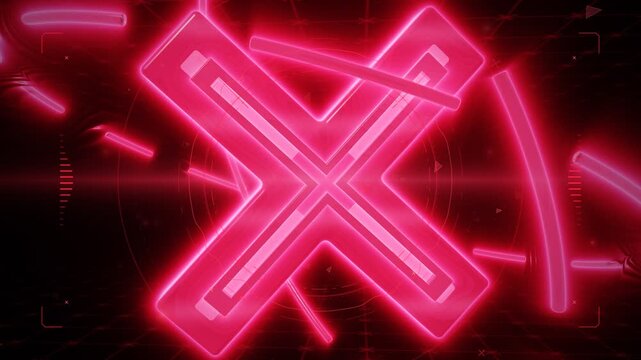 Futuristic 3d red x error symbol animation with glowing crimson shockwaves and warning rings