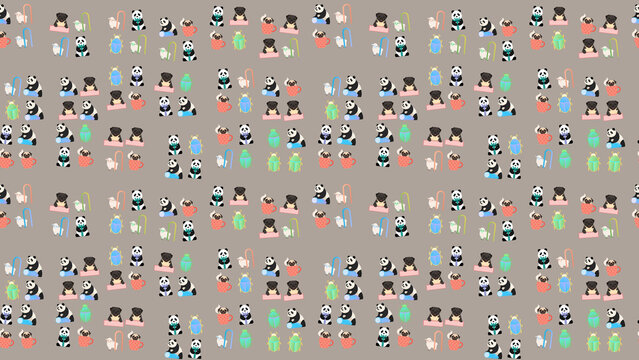 Cute cartoon pandas, pugs, scarab beetles and sheep pattern