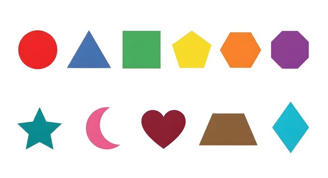 Colorful geometric shapes and decorative symbols including circles, squares, triangles, stars, hearts, hexagons, and diamonds arranged in a clean isolated composition on a white background. Modern fla