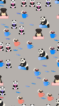 Cute pandas and pugs seamless pattern