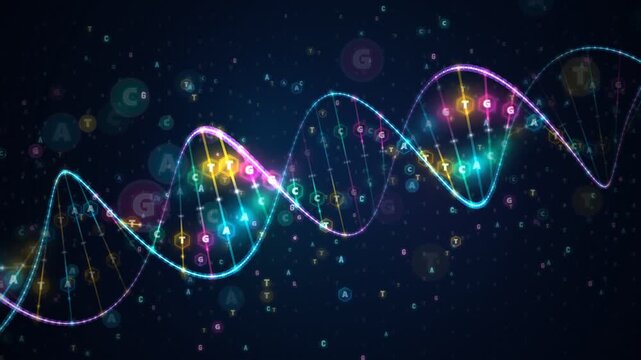 Glowing three dimensional DNA double helix rotating with genetic sequence letters seamless loop