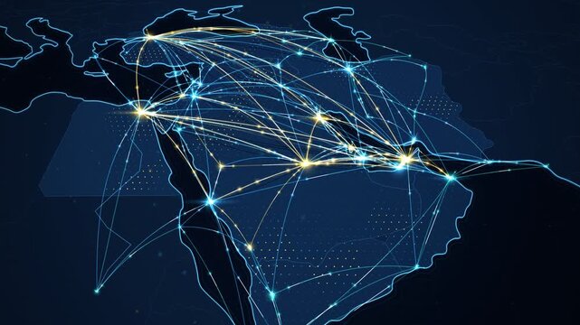 Glowing network connection lines and fiber optic data streams connecting cities across Middle East map