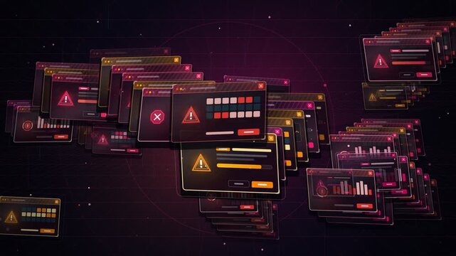 Cascade of critical system error windows and warning dialogs multiplying across digital screen