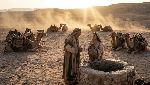 Genesis 24 scene, Abraham's senior servant talking with Rebekah by the ancient stone desert well with ten resting camels at dusk, cinematic historical film still, dramatic golden hour lighting, volume