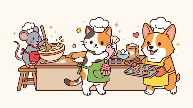 Cute animals baking delicious cookies and cupcakes in kitchen vector graphic illustration design
