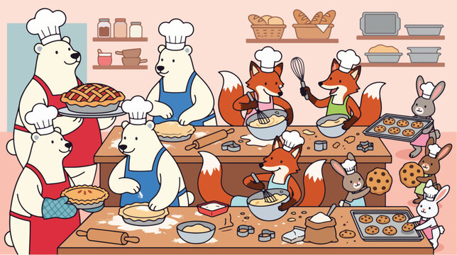 Cute animals baking delicious pies and cookies together inside a cozy kitchen vector illustration