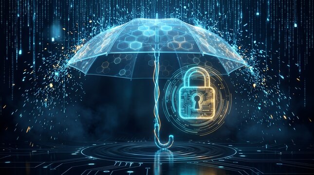 Transparent glowing hexagonal umbrella shielding digital padlock circuit from falling binary data rain representing cyber defense