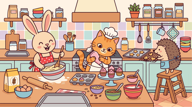 Cute animals baking together in kitchen vector illustration with bunny cat and hedgehog characters
