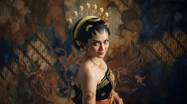 Portrait of an Elegant Indonesian Javanese Bride Wearing Traditional Paes Makeup, Gold Headdress and Jasmine Flowers against Batik Background, Cultural Wedding Concept