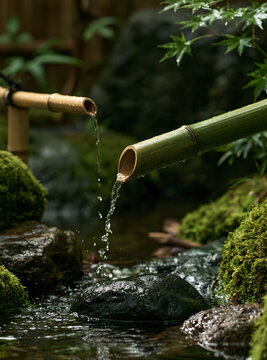 Traditional bamboo water fountain flowing into a mossy stone stream in a peaceful Japanese zen garden, spa concept.