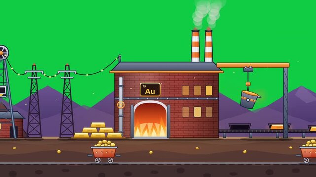 Gold Mining Tunnel Shaft And Smelting Factory Foundry Process Animation On Green Screen