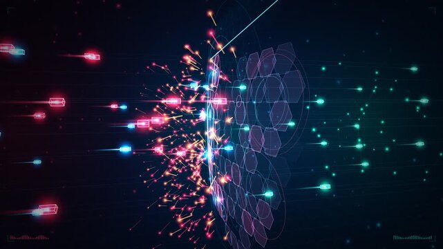 Cybersecurity firewall shield blocking malicious network packets 4k loop animation