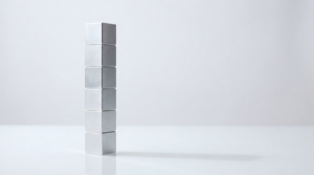 Silver metal cubes stacked vertically on white background