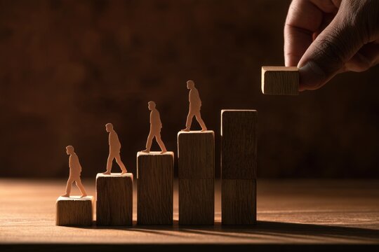 Wooden blocks arranged in ascending order with wooden human figures stepping up, symbolizing progress and growth, while a hand places the final block.
