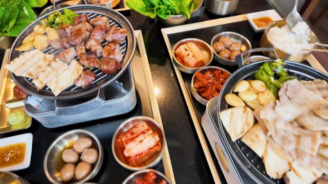 Korean BBQ Feast with Grilled Pork Belly Banchan and Stew