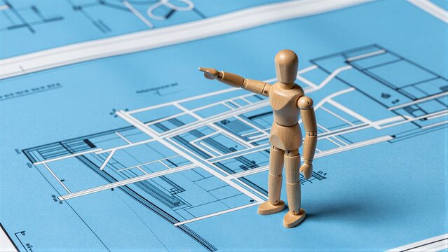 Wooden figure stands on blueprints, pointing at architectural plans.