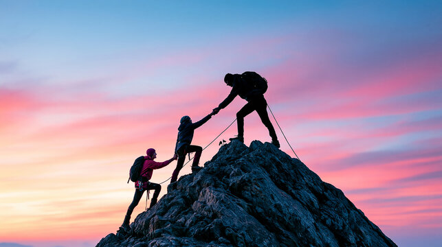 Three climbers help each other reach the rocky summit during a vibrant sunrise or sunset.