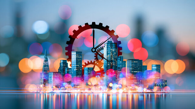Futuristic city skyline blended with colorful bokeh lights and large mechanical gears symbolizing industry and innovation.