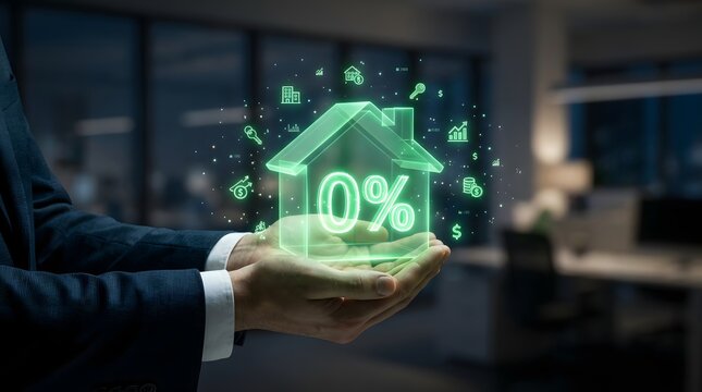 Real estate mortgage interest rate concept with zero percent glowing house hologram held in male hands