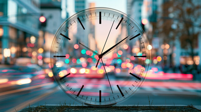 Transparent clock overlaying a busy city street at dusk, with blurred lights and traffic creating a dynamic urban atmosphere.