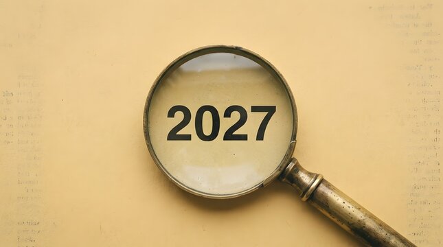 Year 2027 vision and goal setting concept with vintage magnifying glass on aged yellow paper background