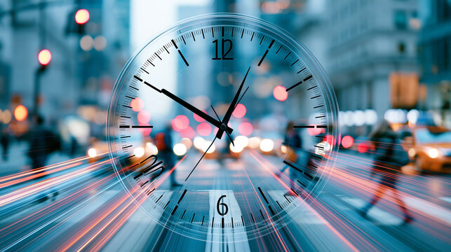 A transparent clock face overlays a busy city street with blurred lights and fast-moving vehicles, symbolizing the passage of time and urban motion.