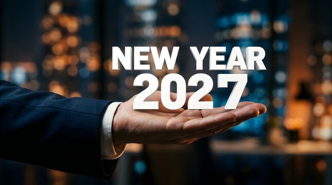 New Year 2027 business planning concept with businessman hand holding 3D text in office blur background