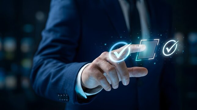 Businessman touching digital screen with glowing check mark icons and symbols for quality assurance
