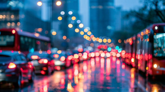 A blurred city street at night with heavy traffic, illuminated by colorful vehicle lights and street lamps reflecting off wet pavement.