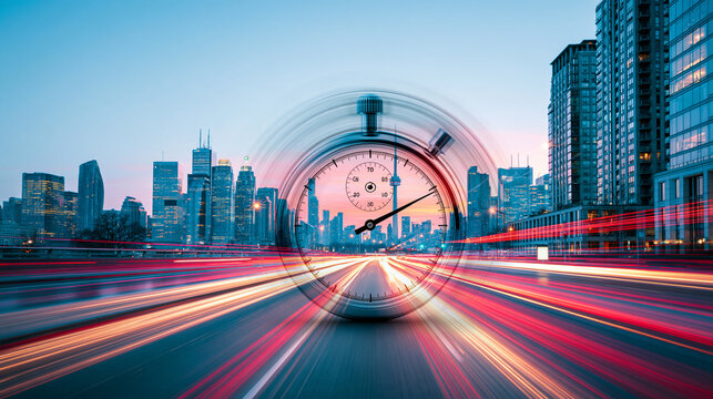A dynamic cityscape at dusk with light trails and a transparent stopwatch overlay symbolizing speed and time management.