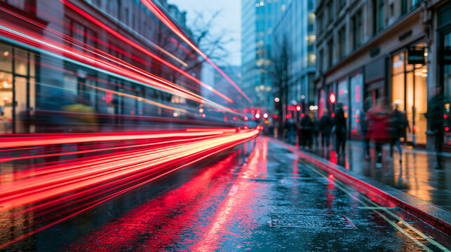 A rainy urban street at dusk with blurred pedestrians and streaks of red vehicle lights reflecting on wet pavement.