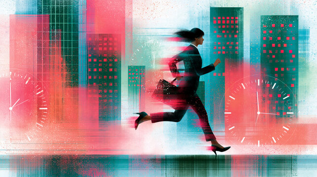 A businesswoman in a suit and heels runs hurriedly against a cityscape backdrop, symbolizing fast-paced corporate life and time pressure.