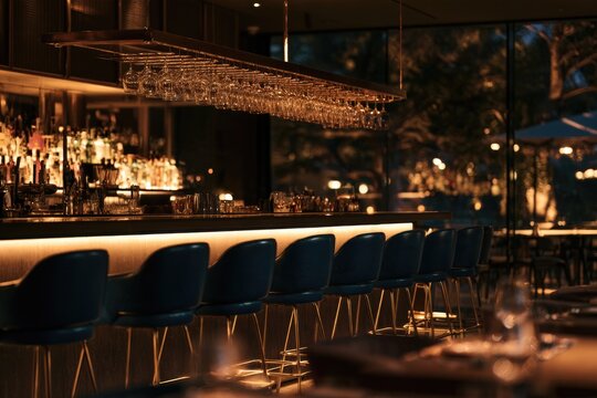 Cozy, dimly lit bar interior with high chairs, hanging wine glasses, and a well-stocked backlit shelf, creating a warm and inviting atmosphere for evening relaxation.