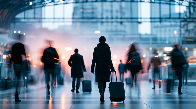 People walking through a busy, modern transportation hub or airport terminal with luggage in hand.
