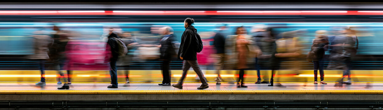 People walking and standing on a platform at a subway station with motion blur and colorful streaks in the background.