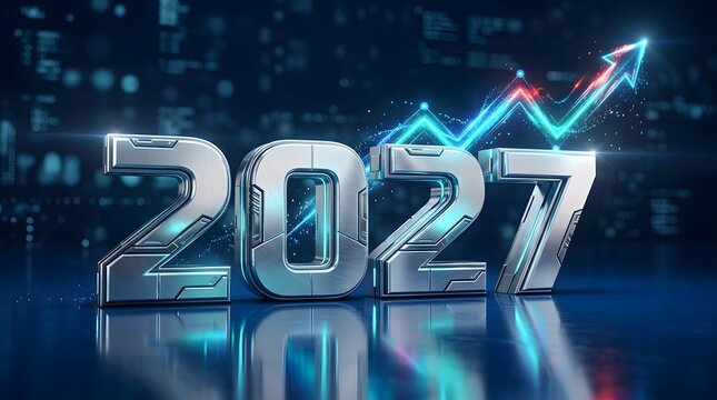 Year 2027 business growth financial success concept with futuristic metallic numbers and digital chart