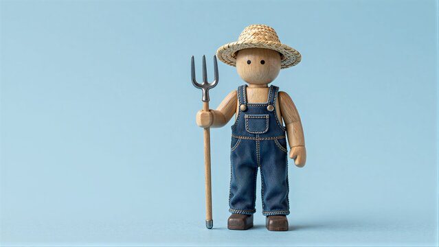 Wooden farmer figure holds pitchfork, wearing straw hat and denim overalls.